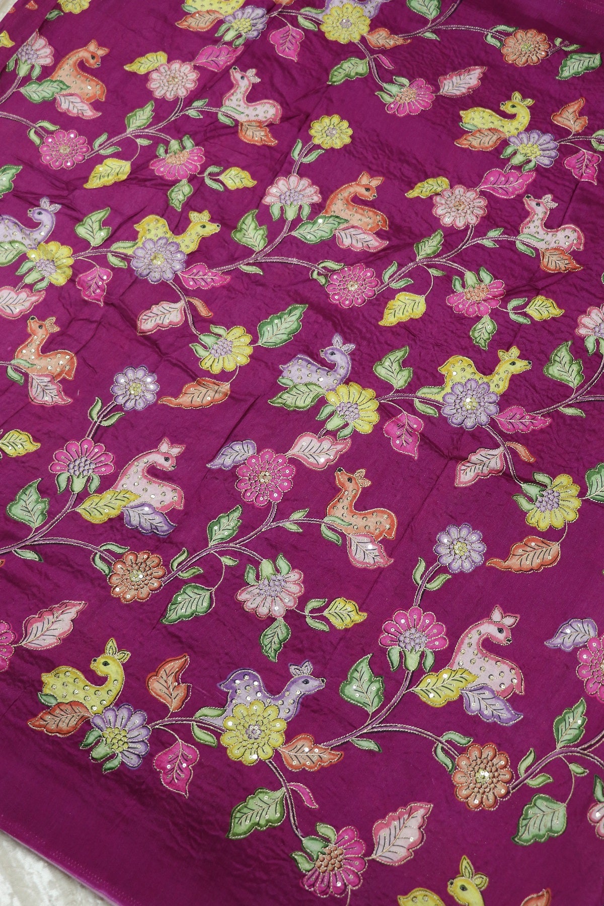 Dola Silk Floral & Deer Printed Fabrics Highlighted With Zari Threads & Sequins