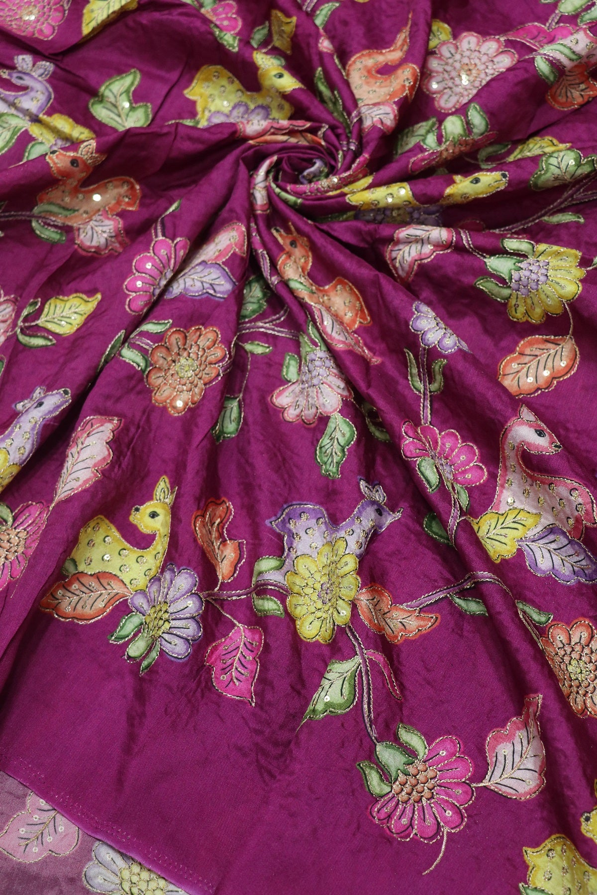 Dola Silk Floral & Deer Printed Fabrics Highlighted With Zari Threads & Sequins