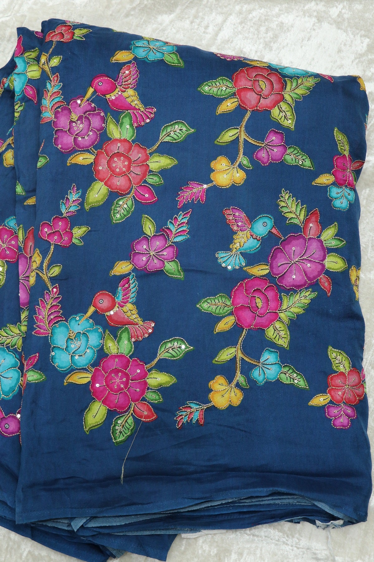 Dola Silk Floral Printed Fabric With Kingfisher Birds Highlited With Zari Threads & Sequins