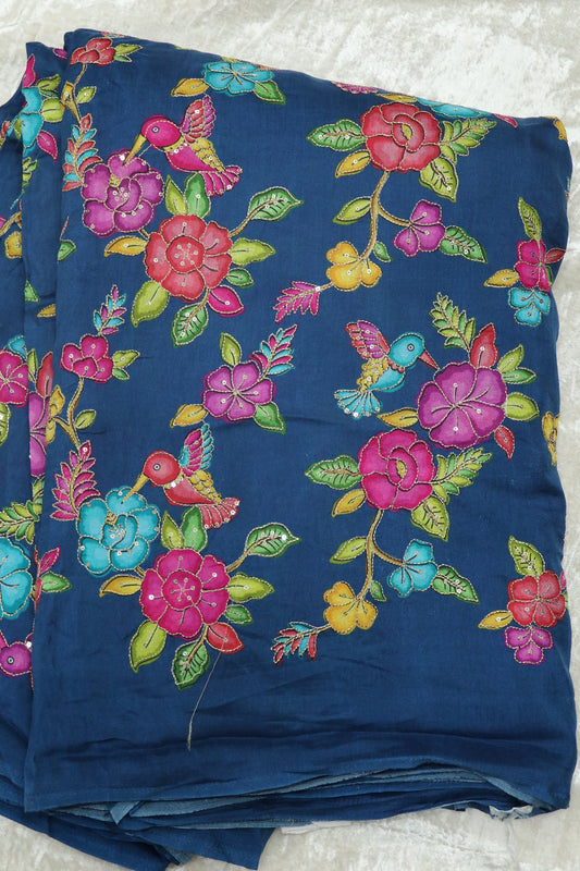 Dola Silk Floral Printed Fabric With Kingfisher Birds Highlited With Zari Threads & Sequins