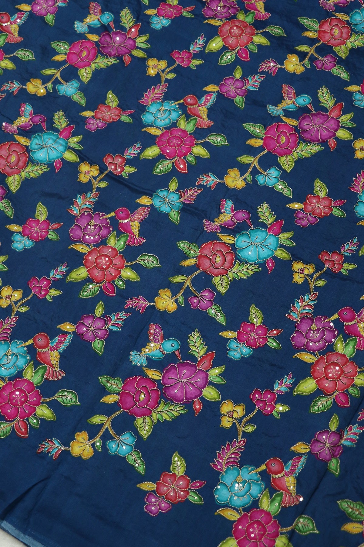 Dola Silk Floral Printed Fabric With Kingfisher Birds Highlited With Zari Threads & Sequins
