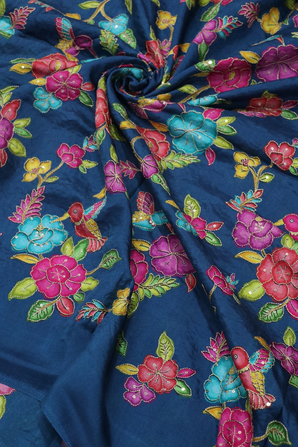 Dola Silk Floral Printed Fabric With Kingfisher Birds Highlited With Zari Threads & Sequins