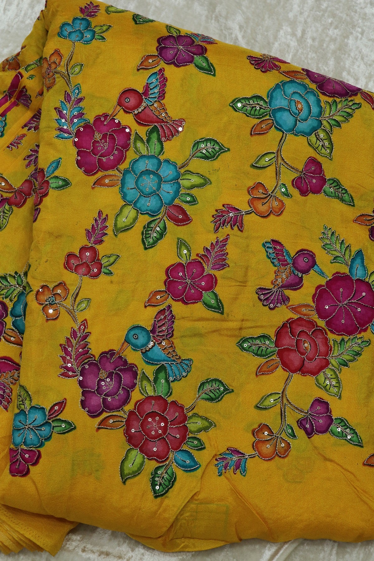 Dola Silk Floral Printed Fabric With Kingfisher Birds Highlited With Zari Threads & Sequins