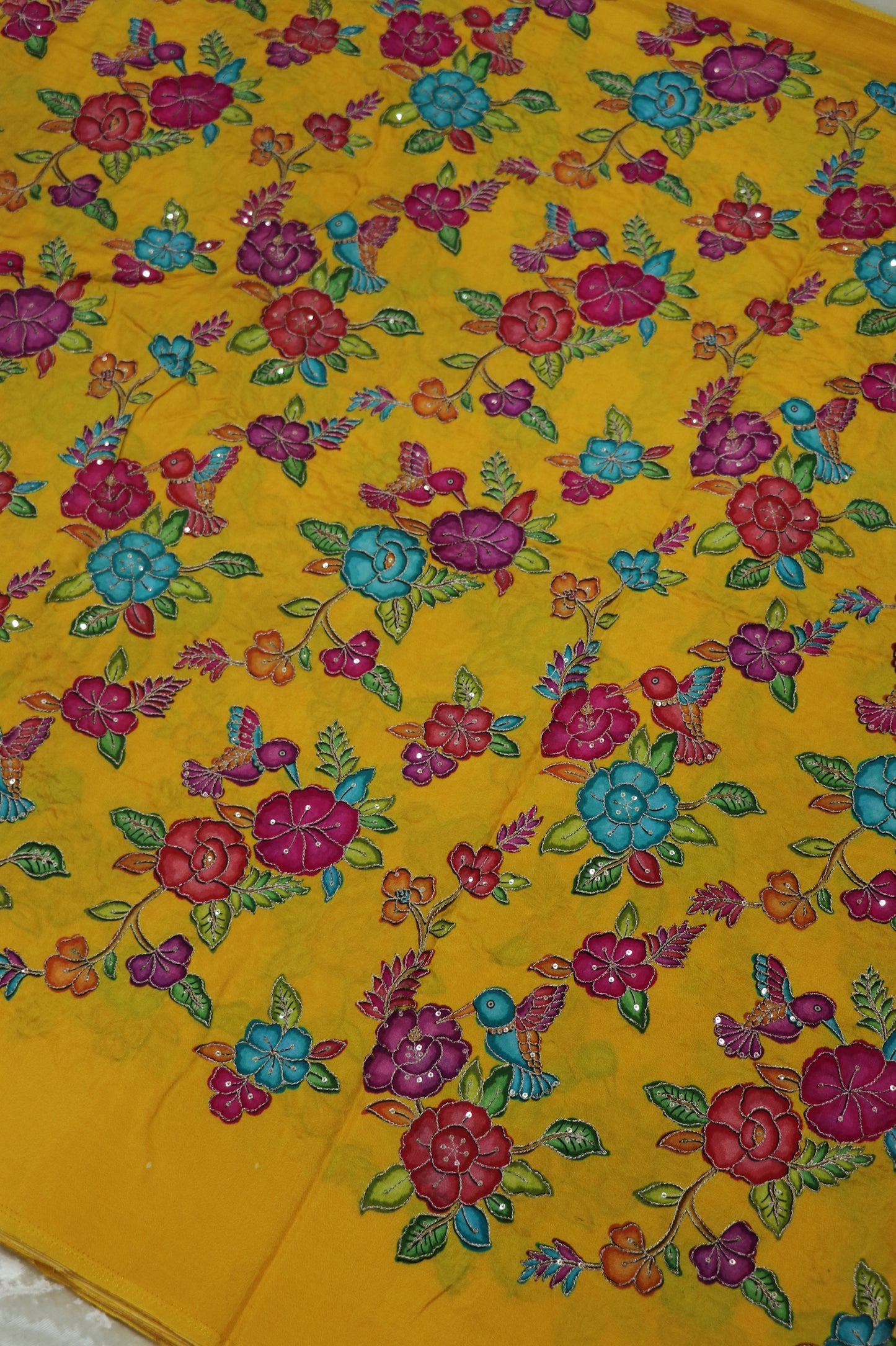 Dola Silk Floral Printed Fabric With Kingfisher Birds Highlited With Zari Threads & Sequins