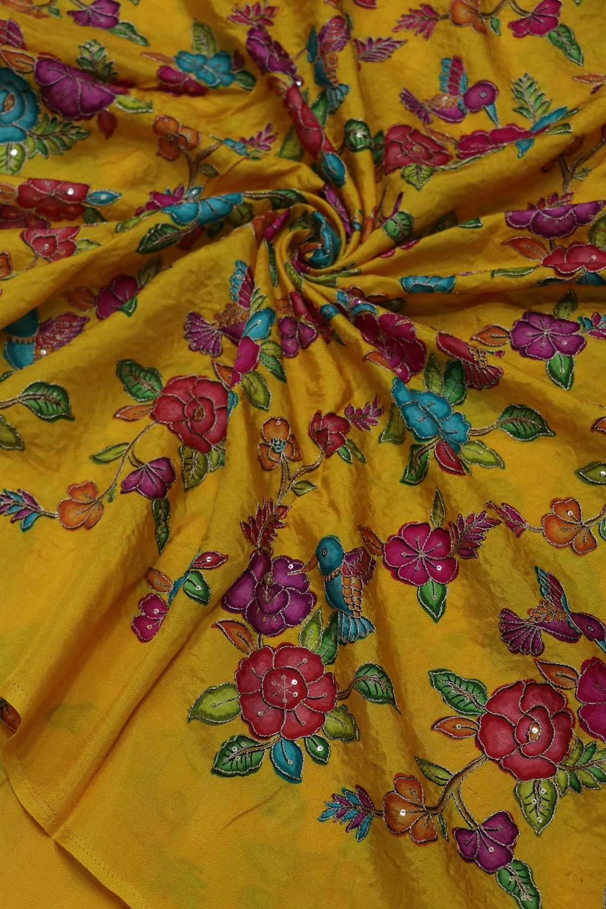 Dola Silk Floral Printed Fabric With Kingfisher Birds Highlited With Zari Threads & Sequins