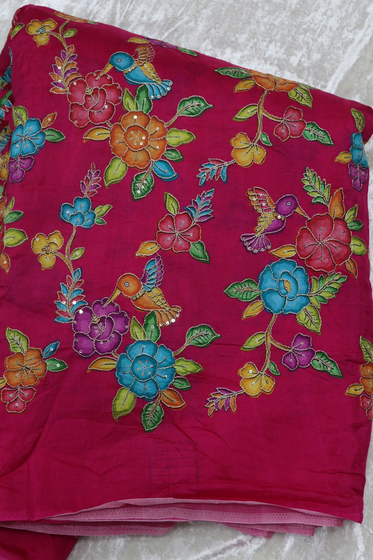 Dola Silk Floral Printed Fabric With Kingfisher Birds Highlited With Zari Threads & Sequins