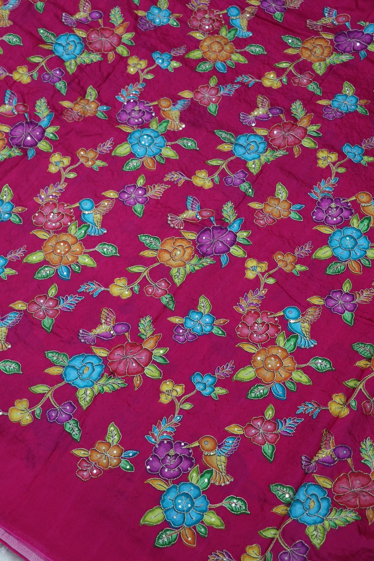 Dola Silk Floral Printed Fabric With Kingfisher Birds Highlited With Zari Threads & Sequins