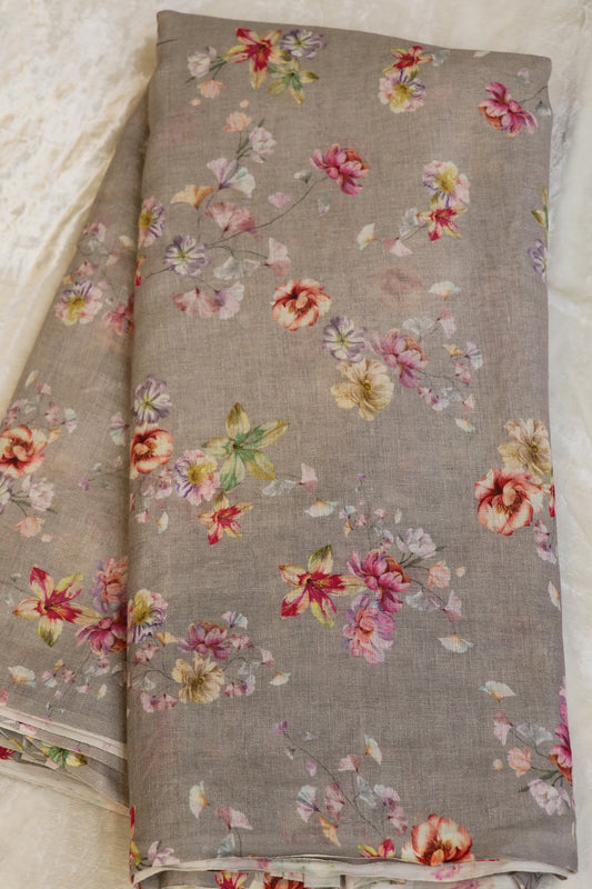 Ice Berg Blue Floral Printed Pure Lenin Fabric