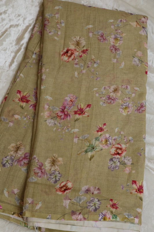 Beige Floral Printed Pure Lenin Fabric
