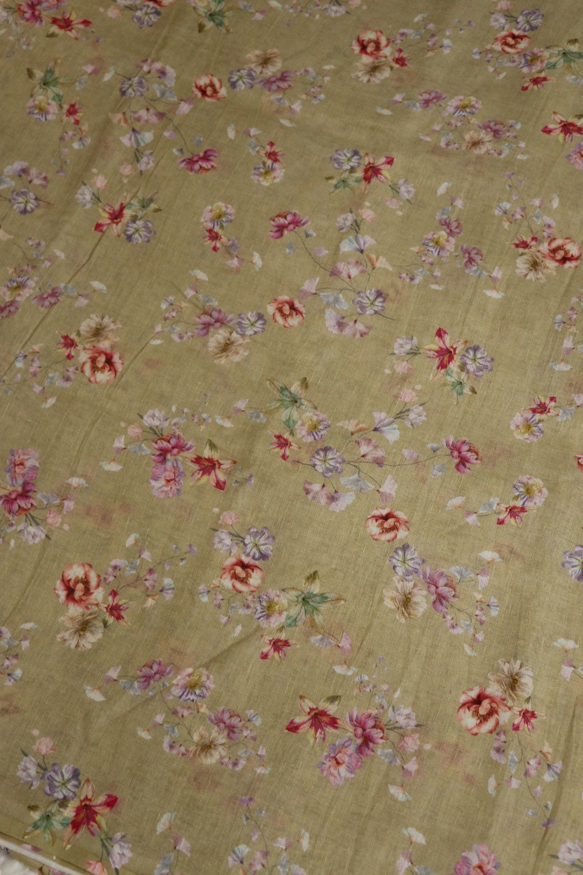 Beige Floral Printed Pure Lenin Fabric