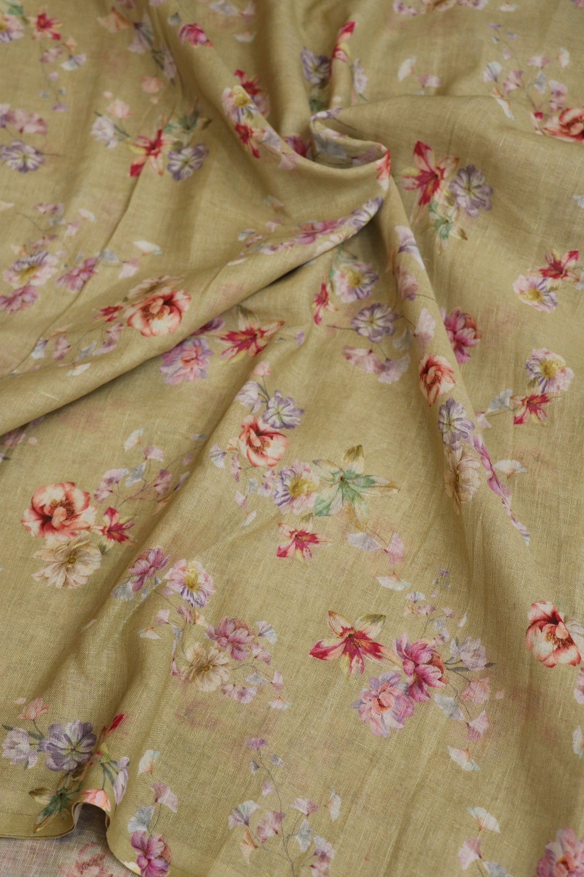 Beige Floral Printed Pure Lenin Fabric