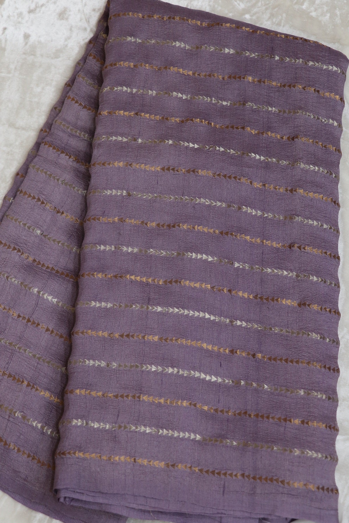 Pure Moonga Tussar Silver & Gold Zari Triangle Lines  woven Fabric