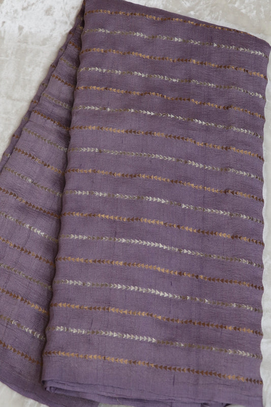 Pure Moonga Tussar Silver & Gold Zari Triangle Lines  woven Fabric