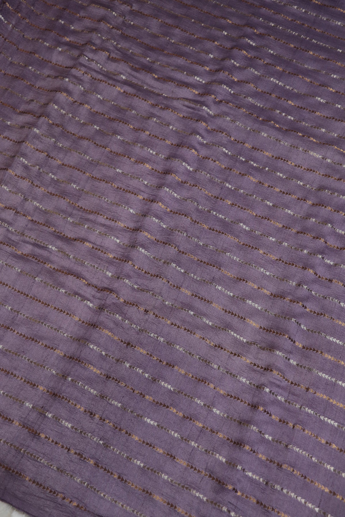 Pure Moonga Tussar Silver & Gold Zari Triangle Lines  woven Fabric