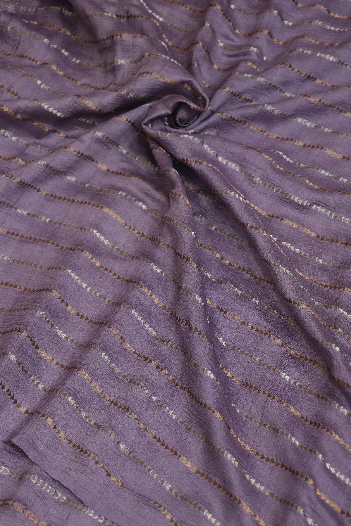 Pure Moonga Tussar Silver & Gold Zari Triangle Lines  woven Fabric