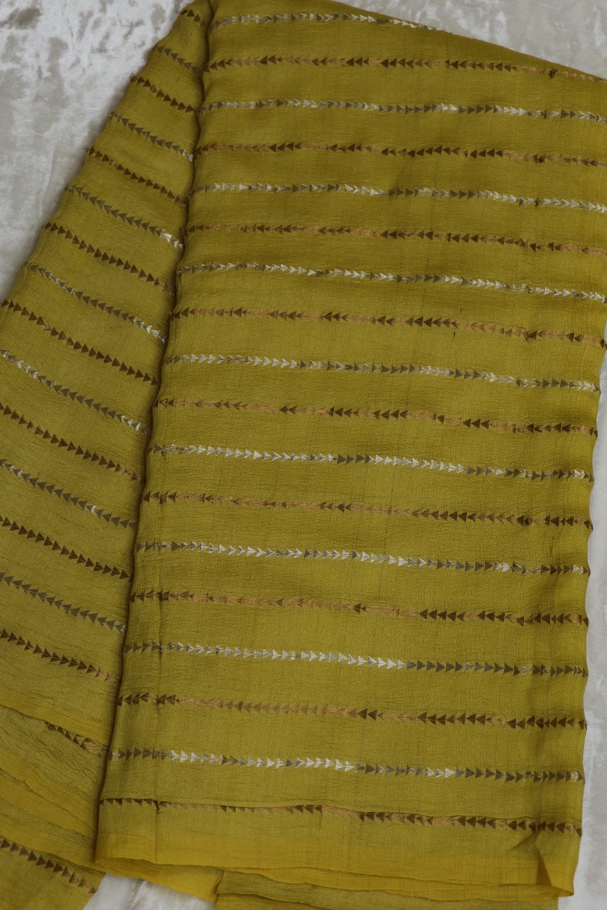 Pure Moonga Tussar Silver & Gold Zari Triangle Lines  woven Fabric