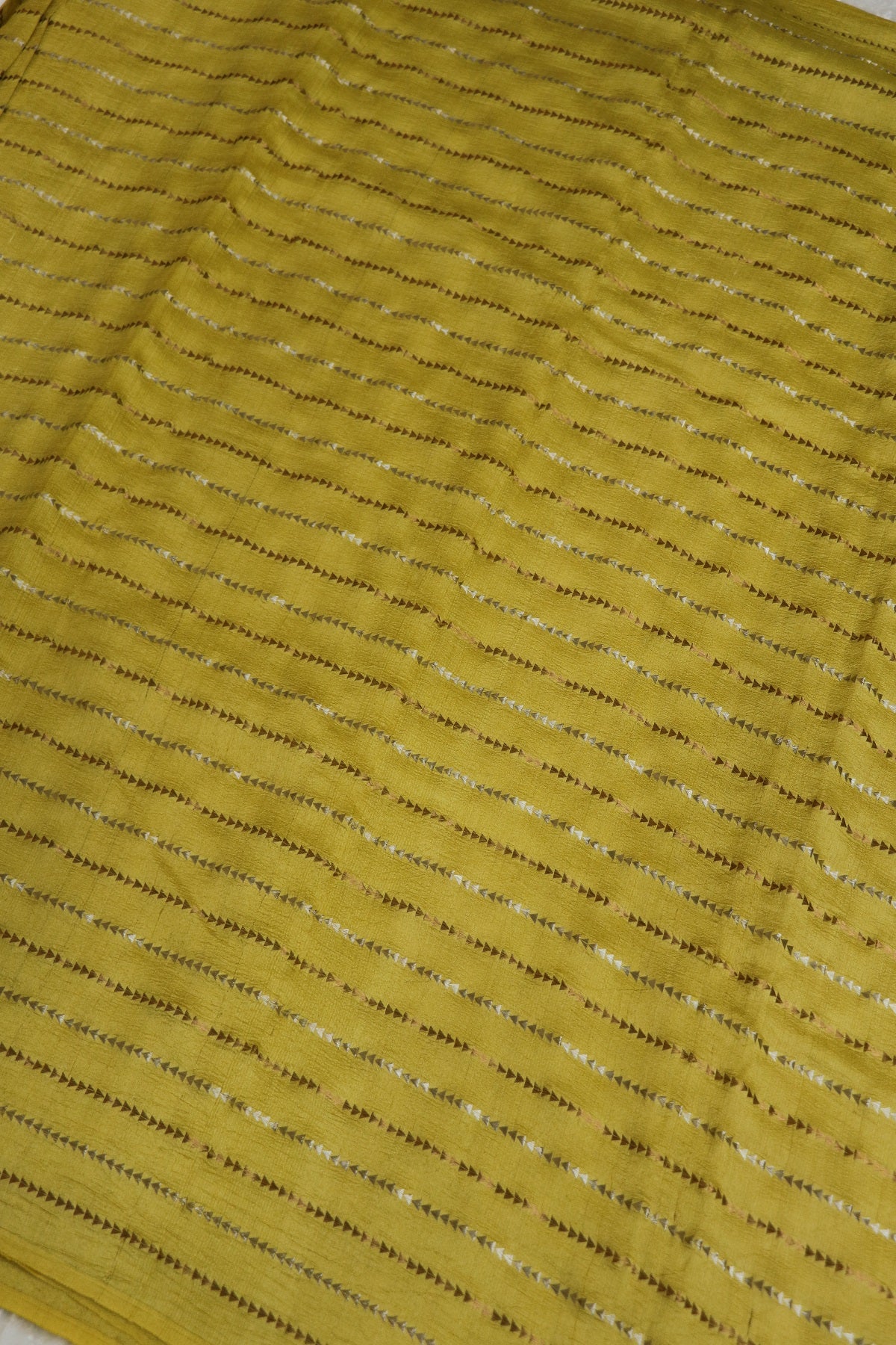 Pure Moonga Tussar Silver & Gold Zari Triangle Lines  woven Fabric