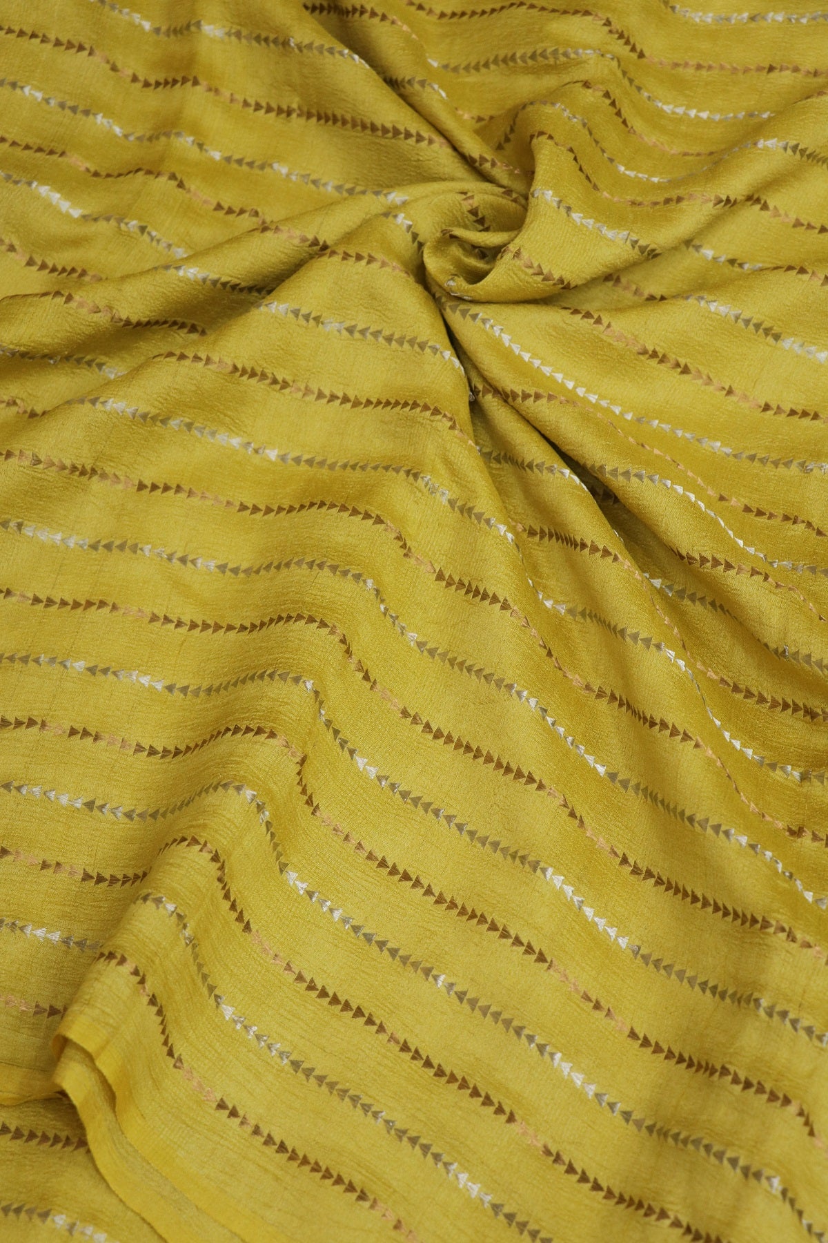 Pure Moonga Tussar Silver & Gold Zari Triangle Lines  woven Fabric
