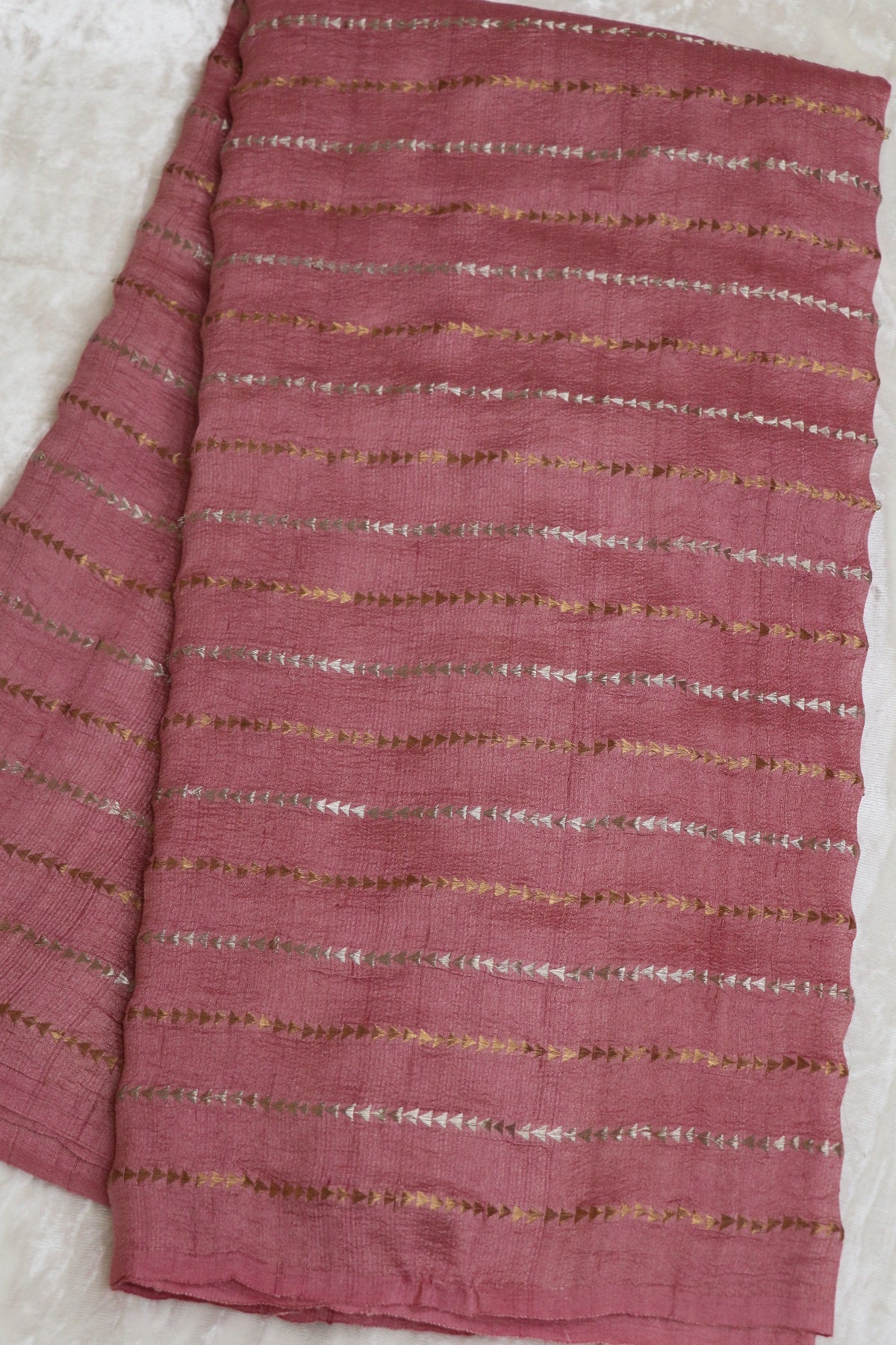 Pure Moonga Tussar Silver & Gold Zari Triangle Lines  woven Fabric
