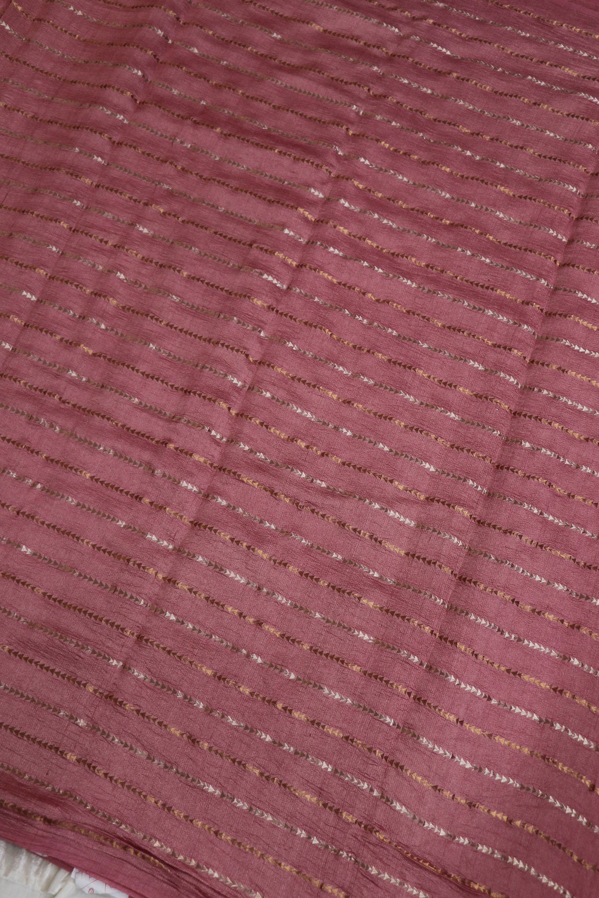 Pure Moonga Tussar Silver & Gold Zari Triangle Lines  woven Fabric