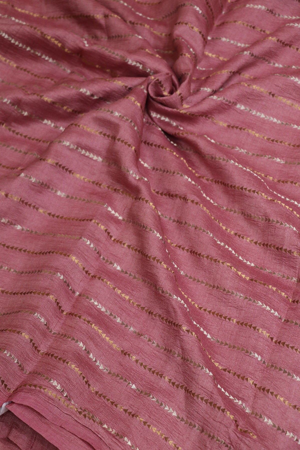 Pure Moonga Tussar Silver & Gold Zari Triangle Lines  woven Fabric