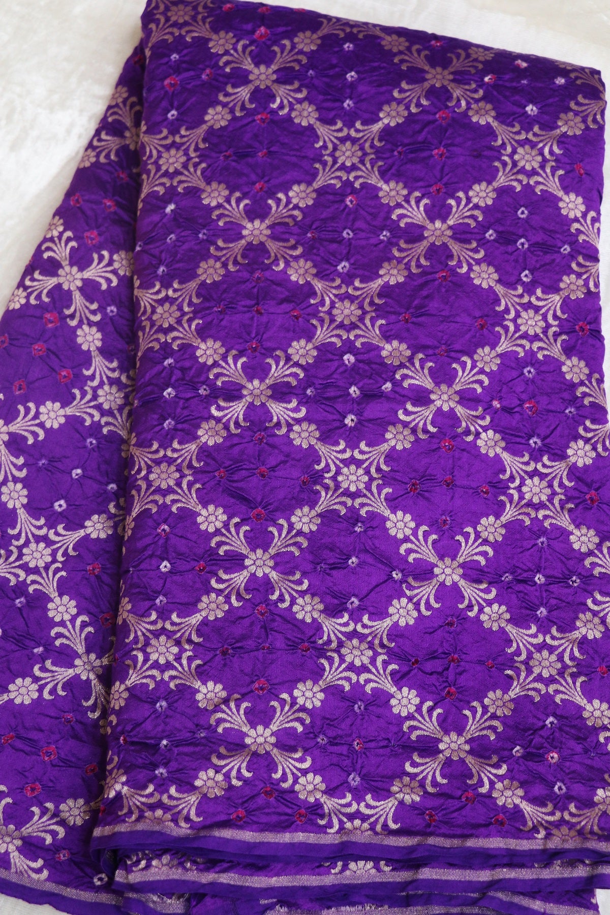 Pure Chiniya Silk Diamond Shape Floral Jaal Woven Bandhani Fabric