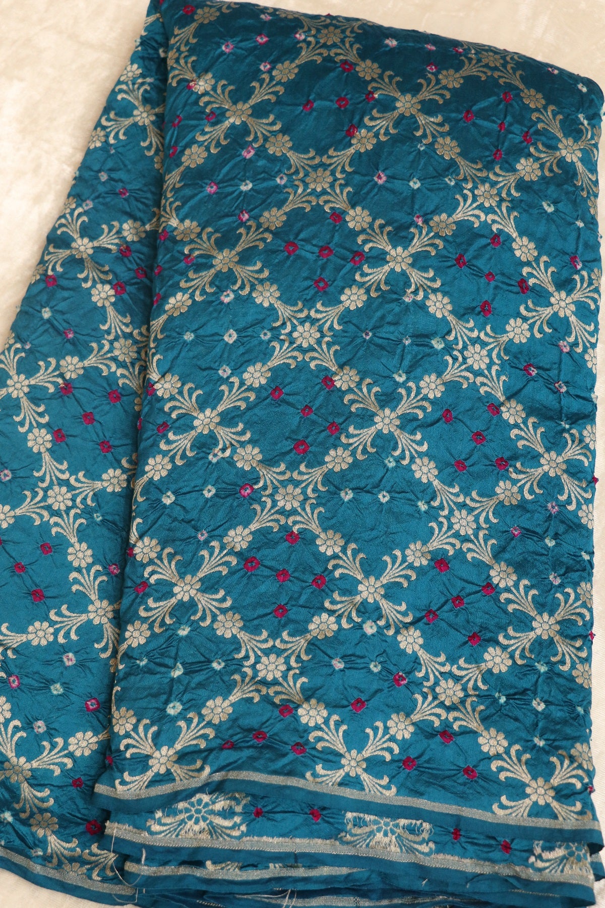 Pure Chiniya Silk Diamond Shape Floral Jaal Woven Bandhani Fabric