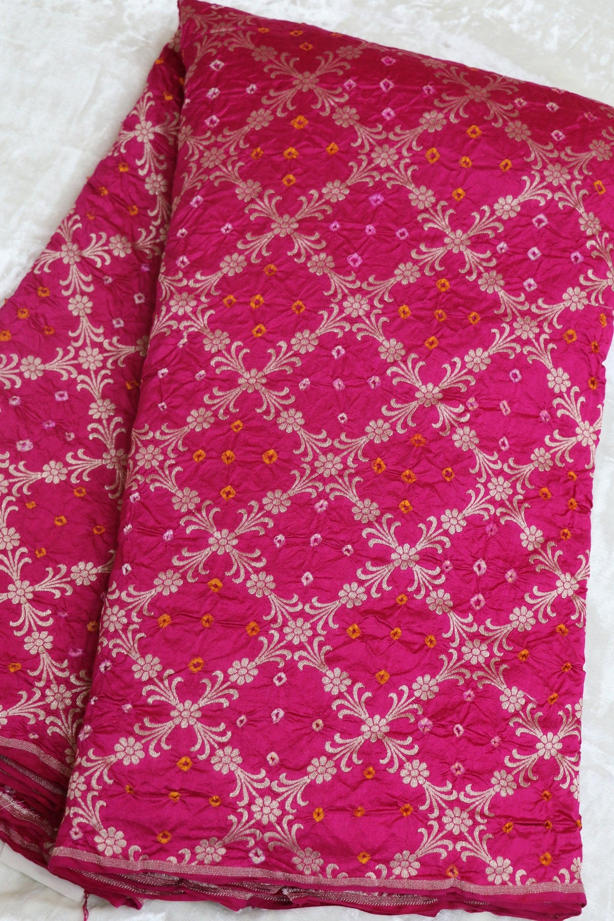 Pure Chiniya Silk Diamond Shape Floral Jaal Woven Bandhani Fabric
