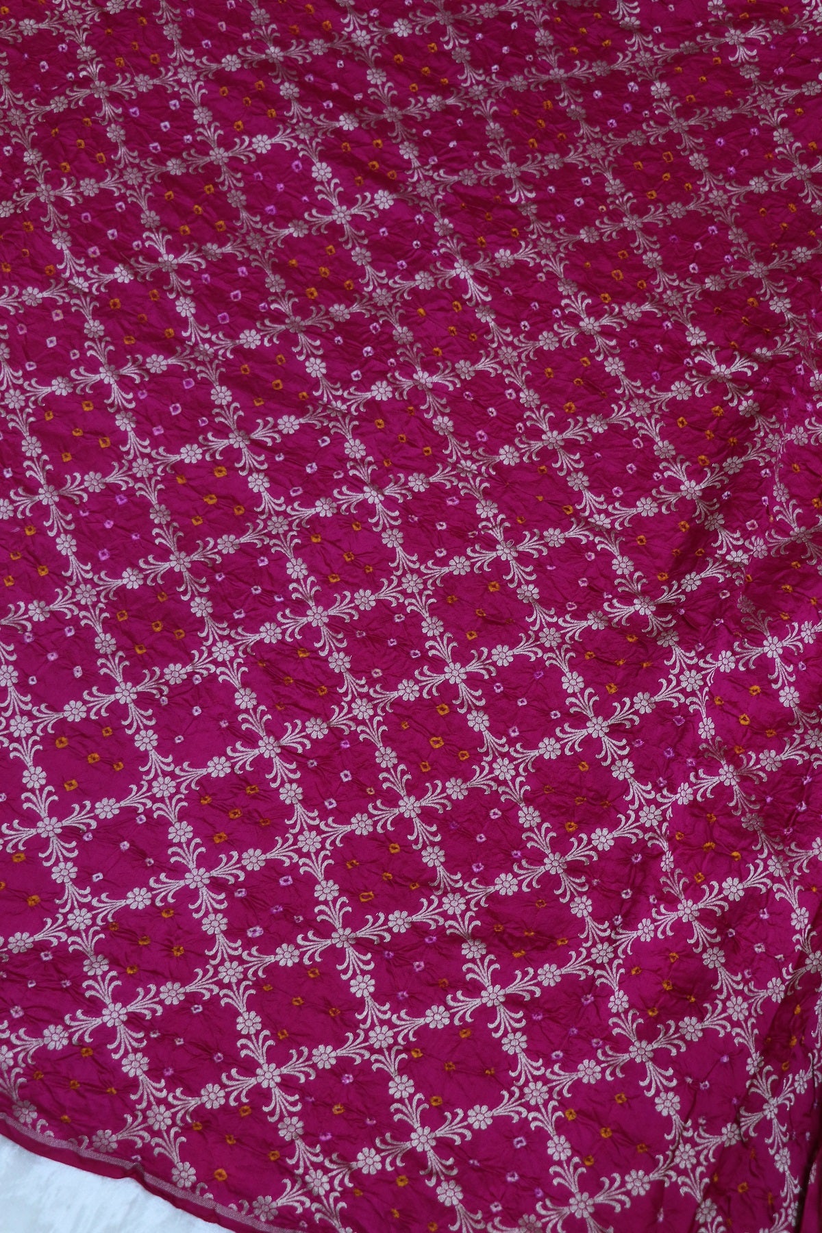 Pure Chiniya Silk Diamond Shape Floral Jaal Woven Bandhani Fabric