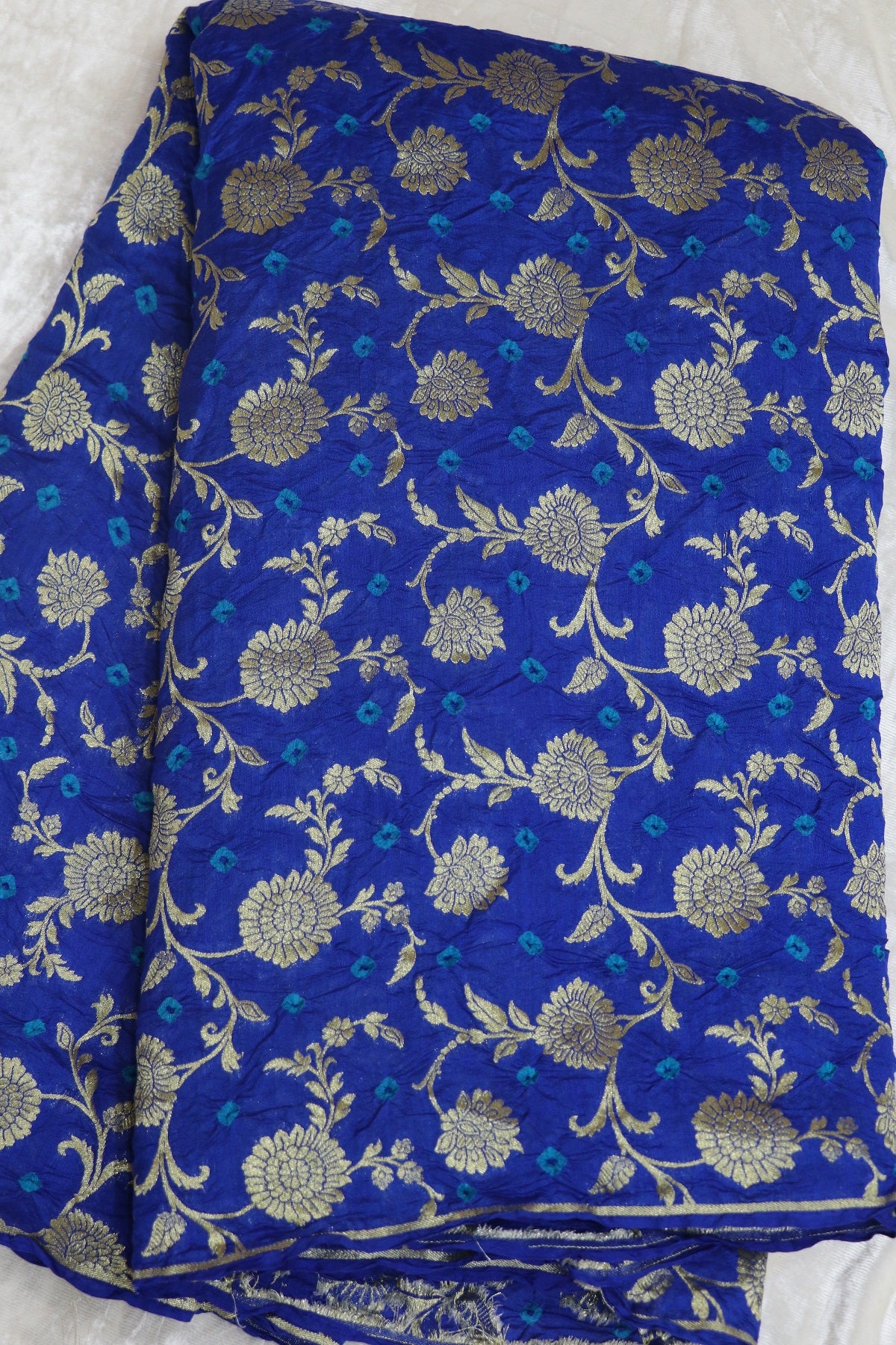 Royal Blue Pure Chiniya Silk Gold Zari Jaal Woven Bandhani Fabric