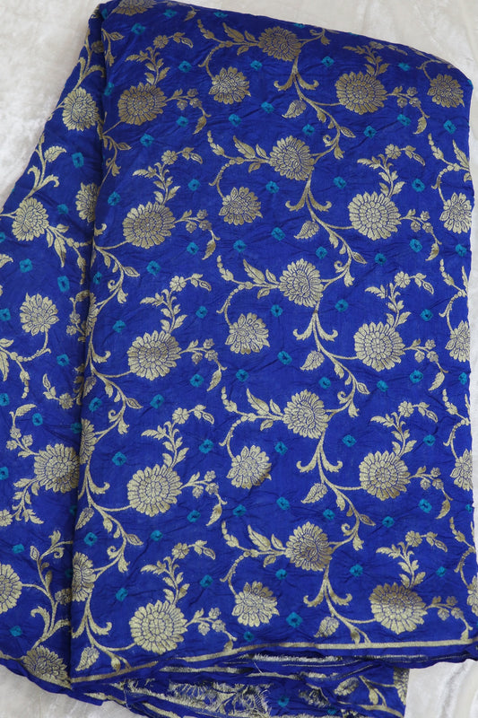 Royal Blue Pure Chiniya Silk Gold Zari Jaal Woven Bandhani Fabric