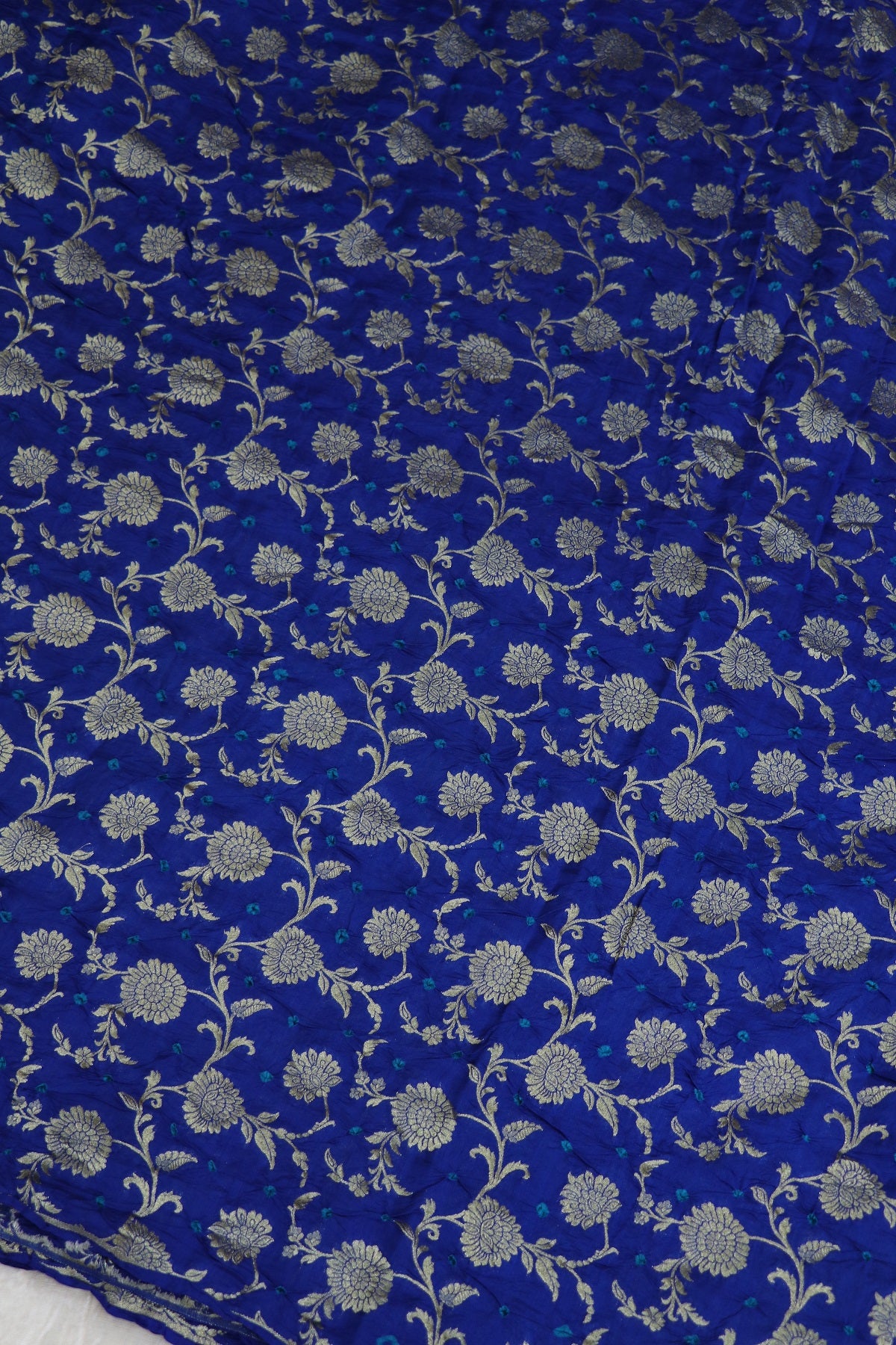 Royal Blue Pure Chiniya Silk Gold Zari Jaal Woven Bandhani Fabric