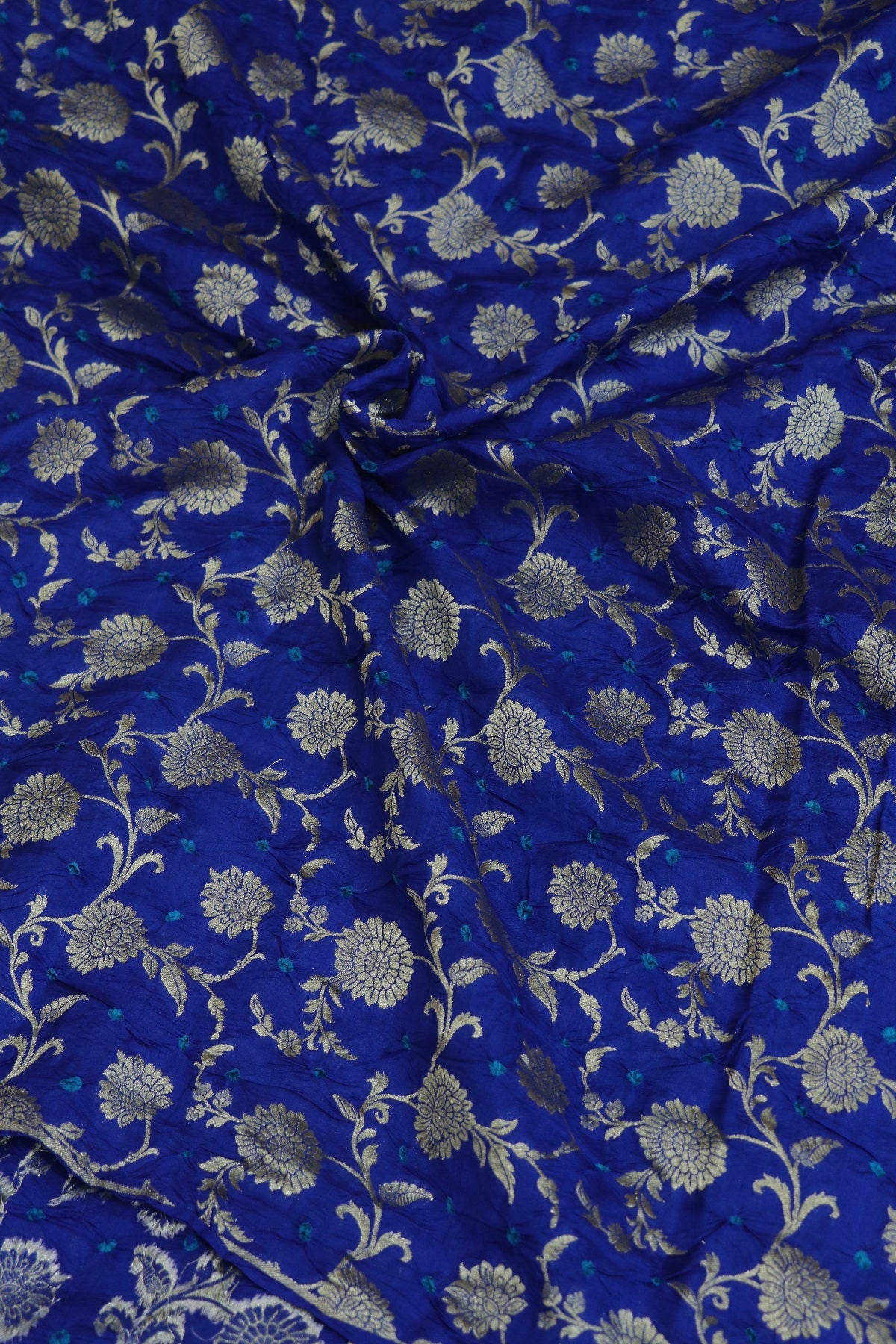 Royal Blue Pure Chiniya Silk Gold Zari Jaal Woven Bandhani Fabric