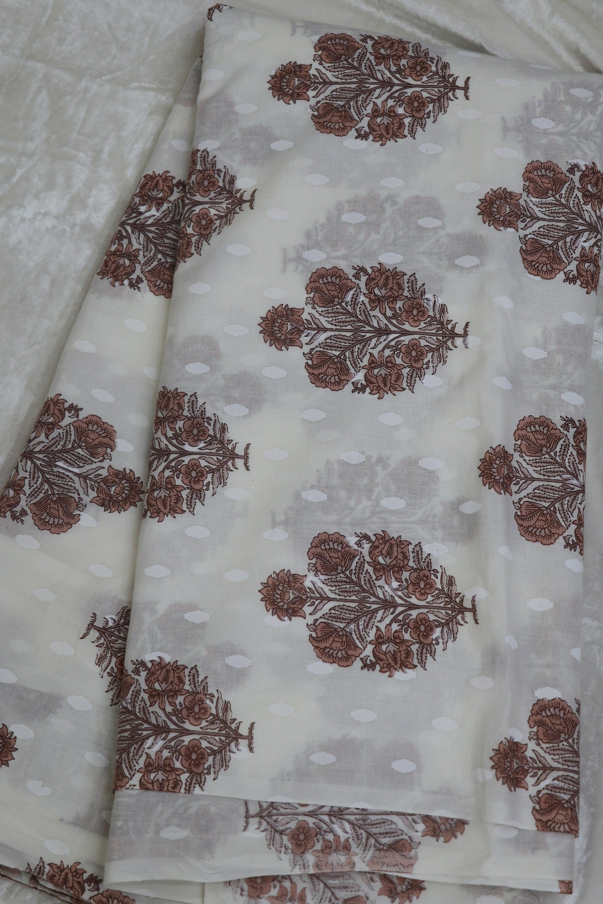 White Mughal Printed Jaipur Cotton Self Jacquard Fabric