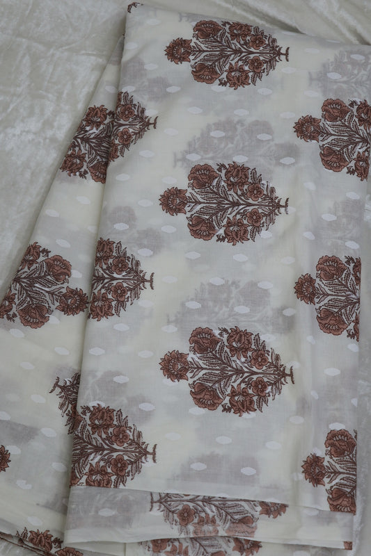 White Mughal Printed Jaipur Cotton Self Jacquard Fabric