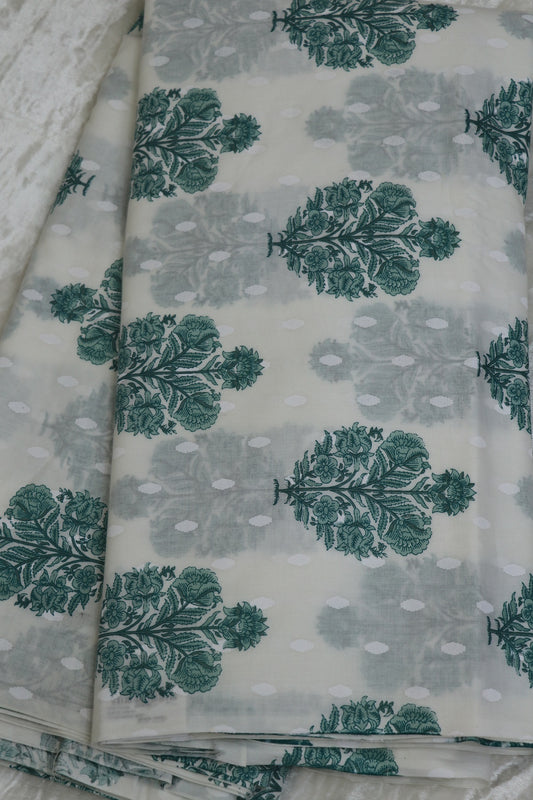 White With Sea Green Color Mughal Printed Motif Jaipur Cotton Self Jacquard Fabric