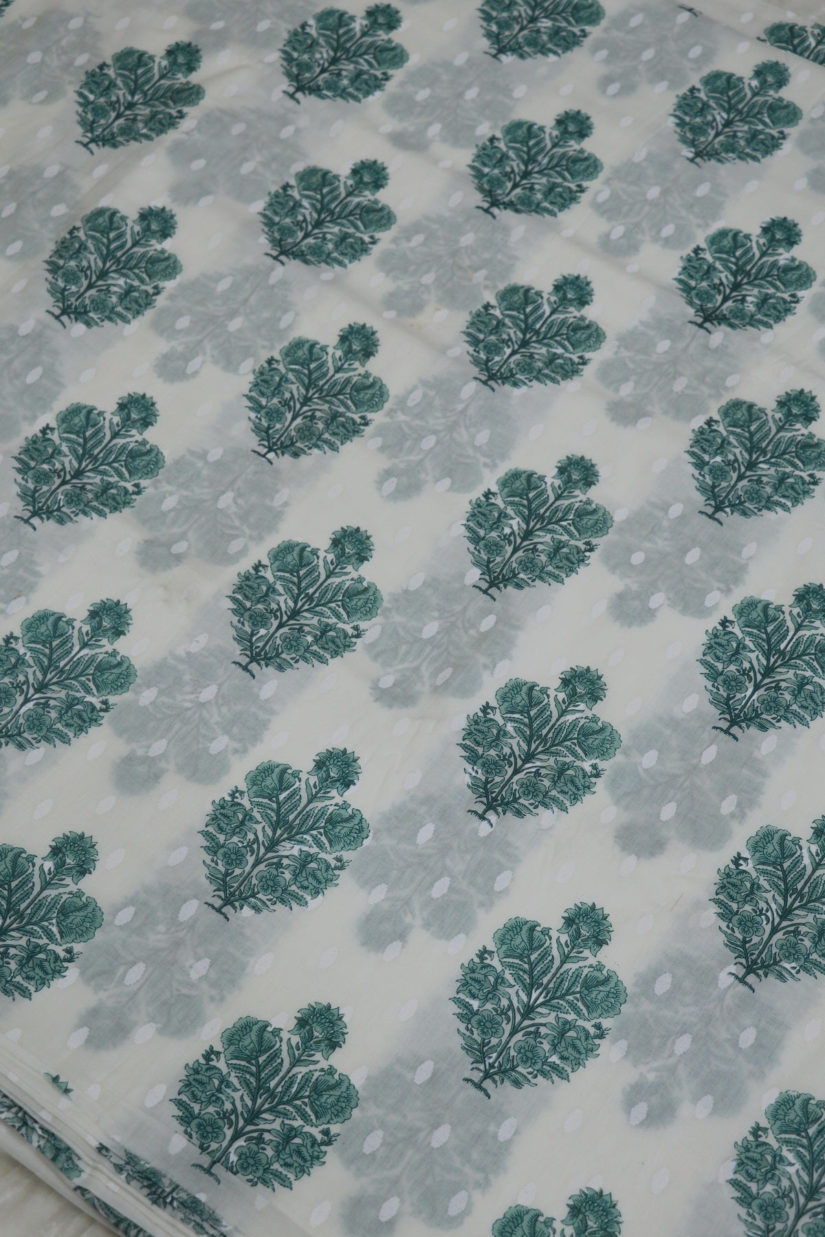 White With Sea Green Color Mughal Printed Motif Jaipur Cotton Self Jacquard Fabric