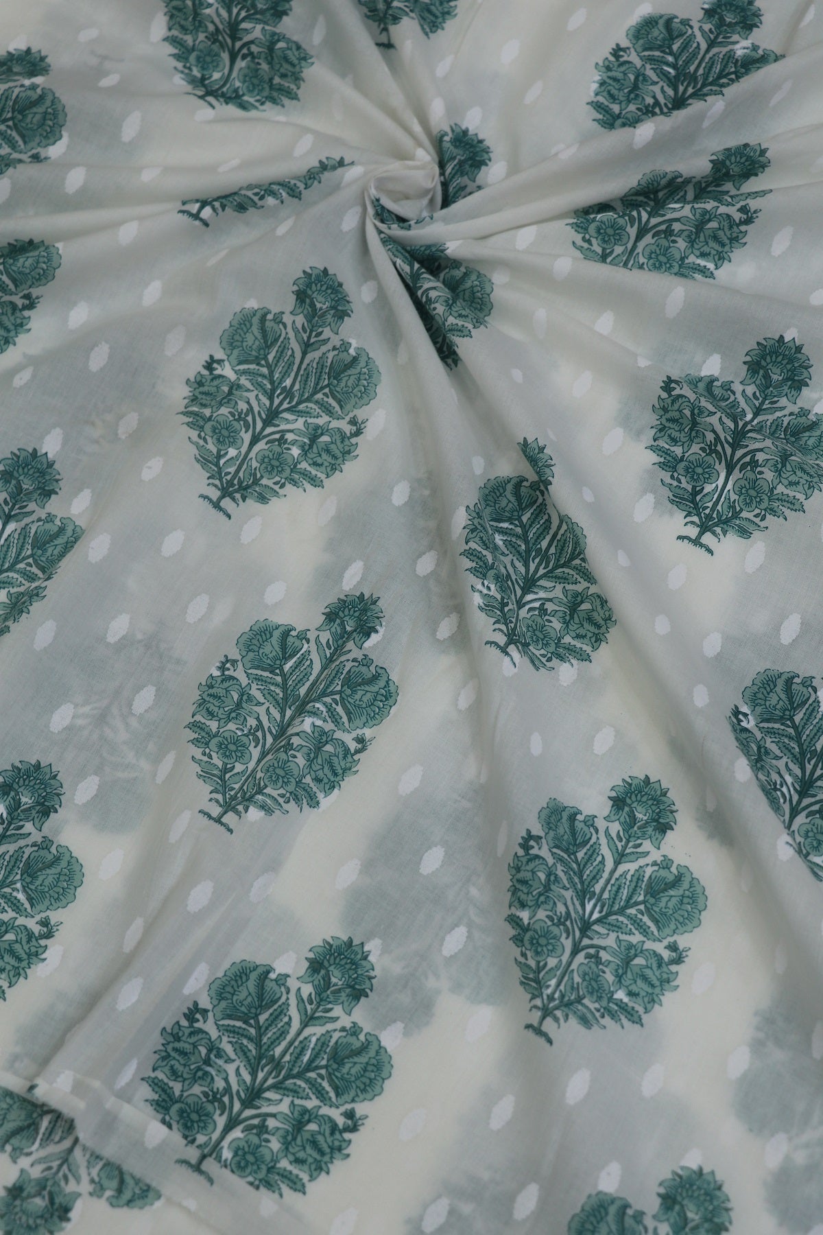 White With Sea Green Color Mughal Printed Motif Jaipur Cotton Self Jacquard Fabric