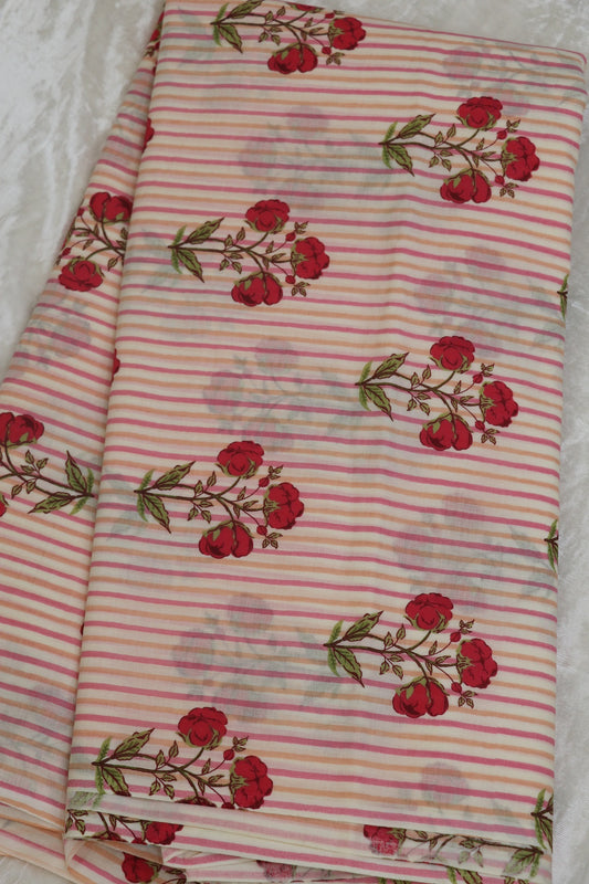 Off White Stripes Jaipur Cotton Fabric With Red Floral Bunches