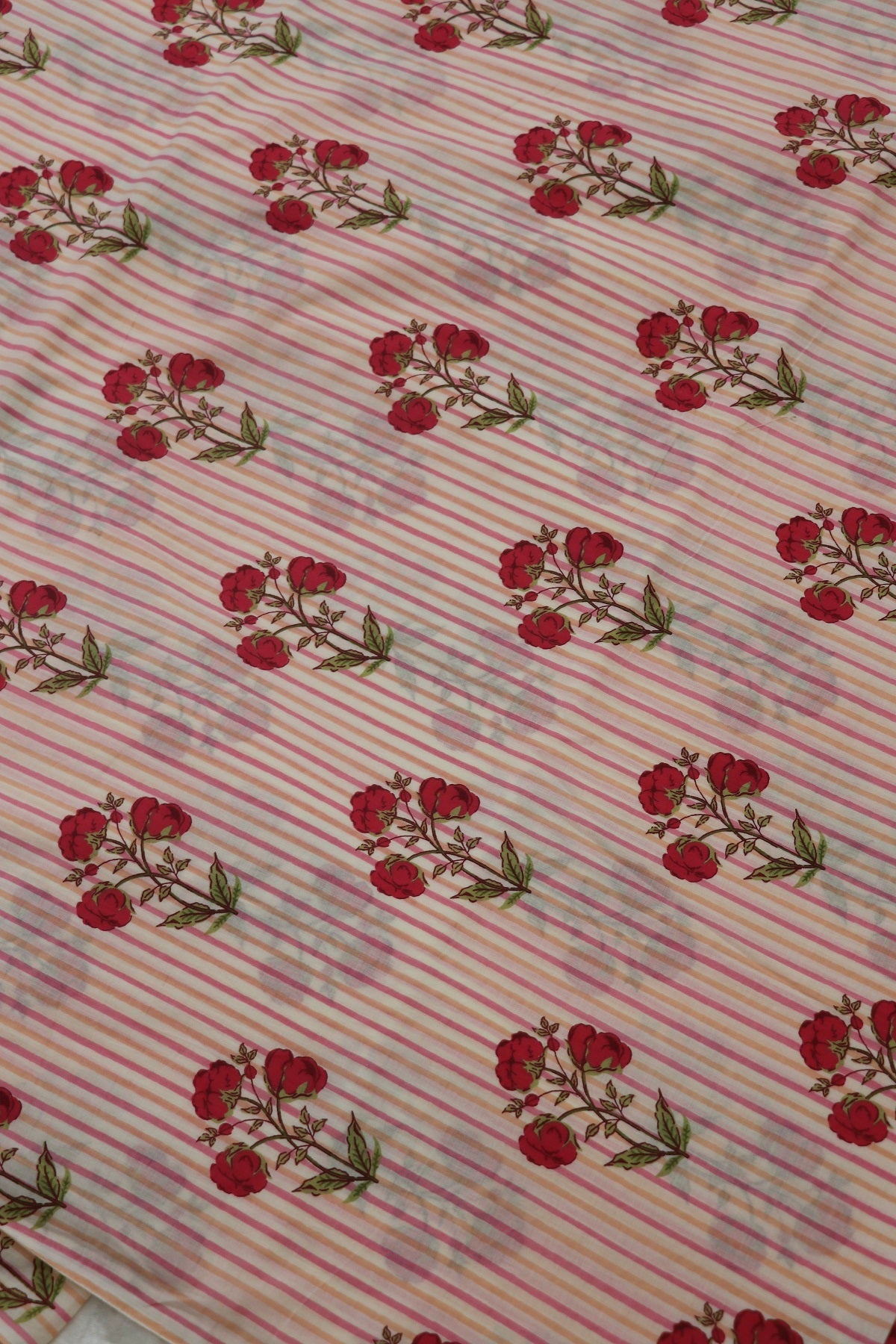 Off White Stripes Jaipur Cotton Fabric With Red Floral Bunches