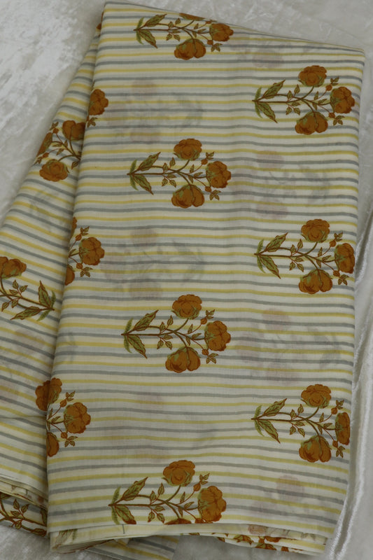 Off White Stripes Jaipur Cotton Fabric With Yellow Floral Bunches