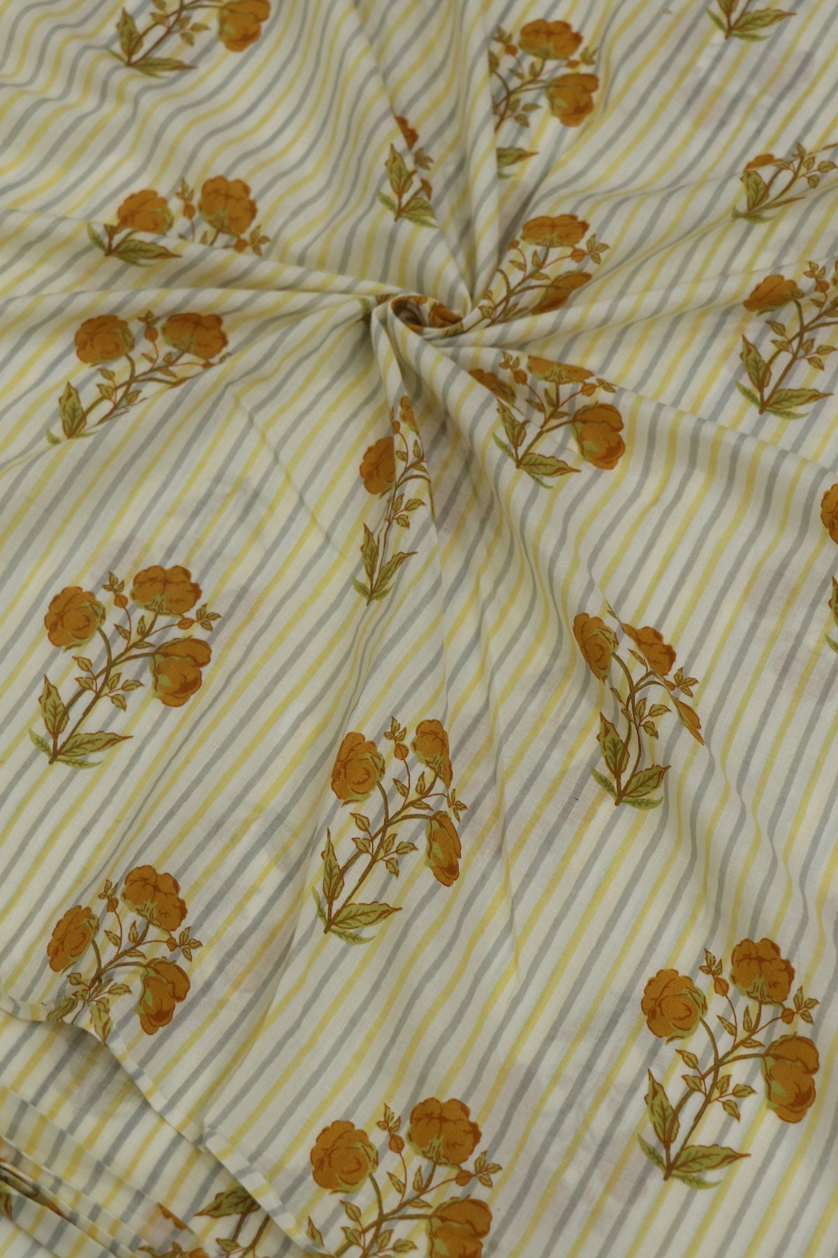 Off White Stripes Jaipur Cotton Fabric With Yellow Floral Bunches
