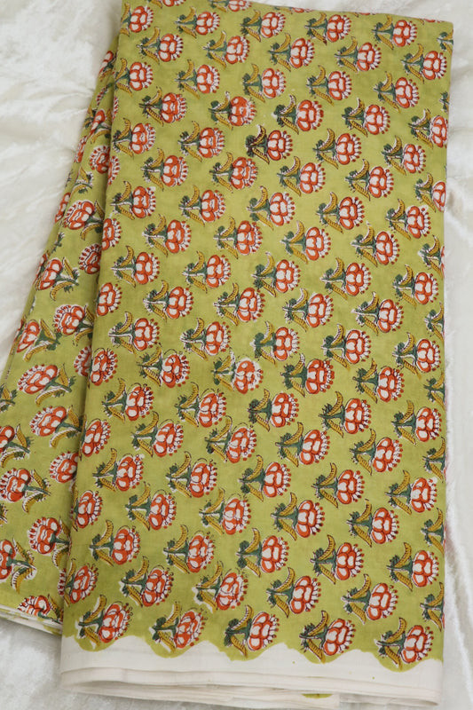 Lemonade Green With Orange & Yellow Floral Printed Jaipur Cotton Fabric