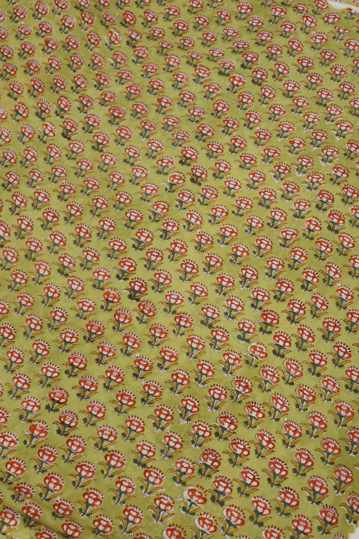 Lemonade Green With Orange & Yellow Floral Printed Jaipur Cotton Fabric