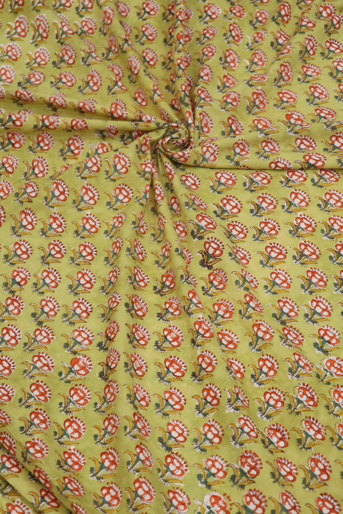 Lemonade Green With Orange & Yellow Floral Printed Jaipur Cotton Fabric