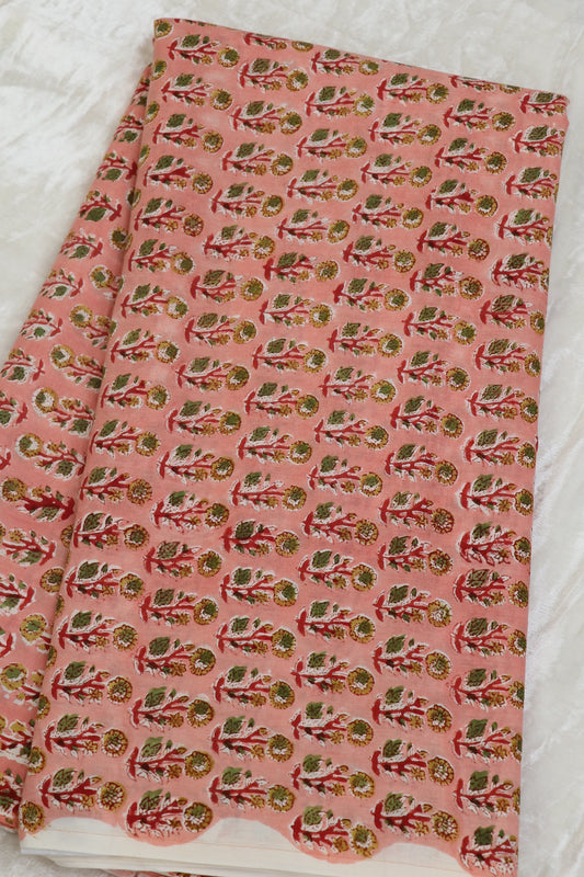 Soft Peach With Red, Green & Yellow Floral Printed Jaipur Cotton Fabric