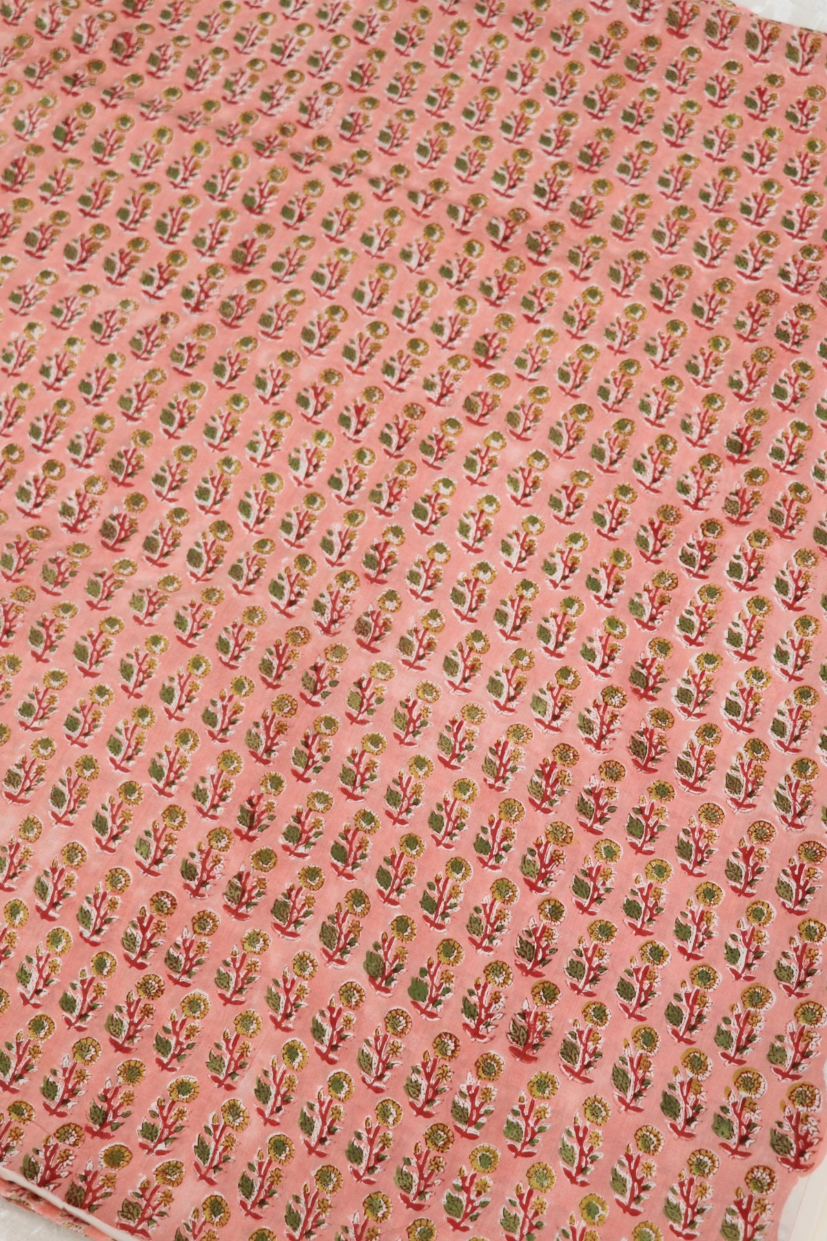Soft Peach With Red, Green & Yellow Floral Printed Jaipur Cotton Fabric