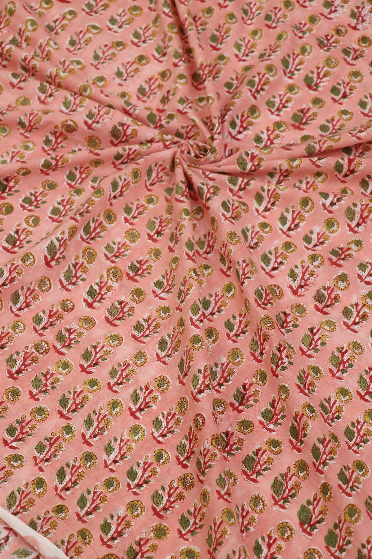Soft Peach With Red, Green & Yellow Floral Printed Jaipur Cotton Fabric