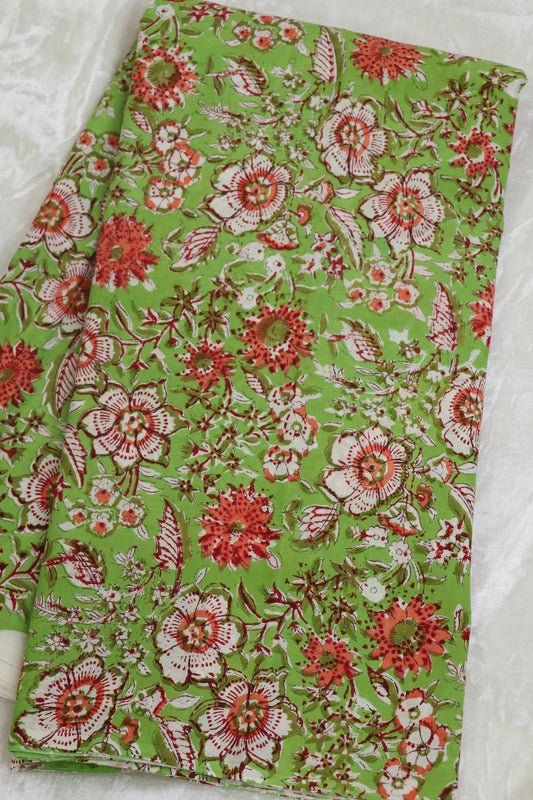 Leaf Green With Red & White Floral Printed Jaipur Cotton Fabric
