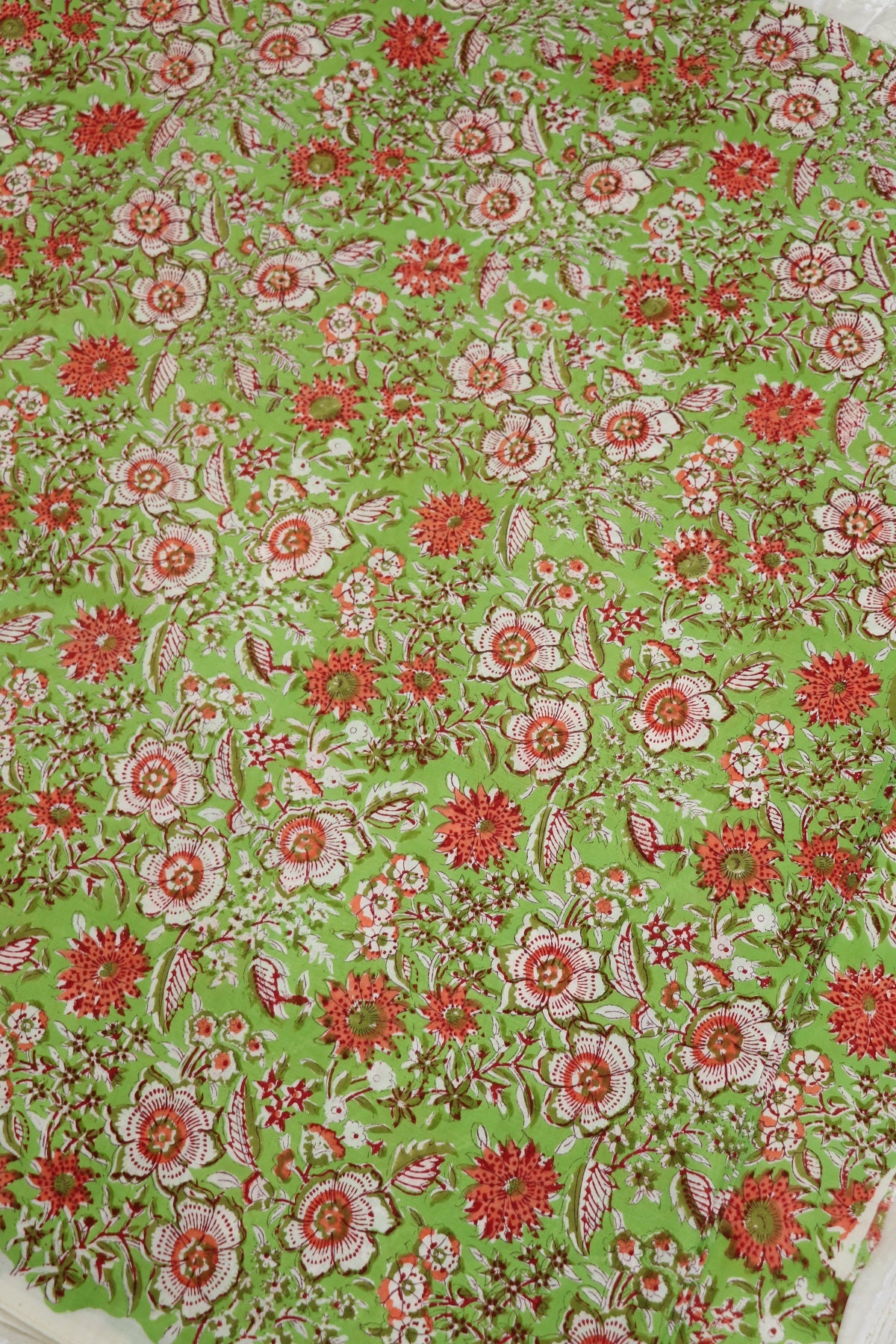 Leaf Green With Red & White Floral Printed Jaipur Cotton Fabric